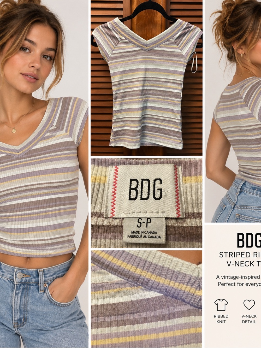BDG Women's Striped Ribbed V-Neck Top in Lavender Stripe
